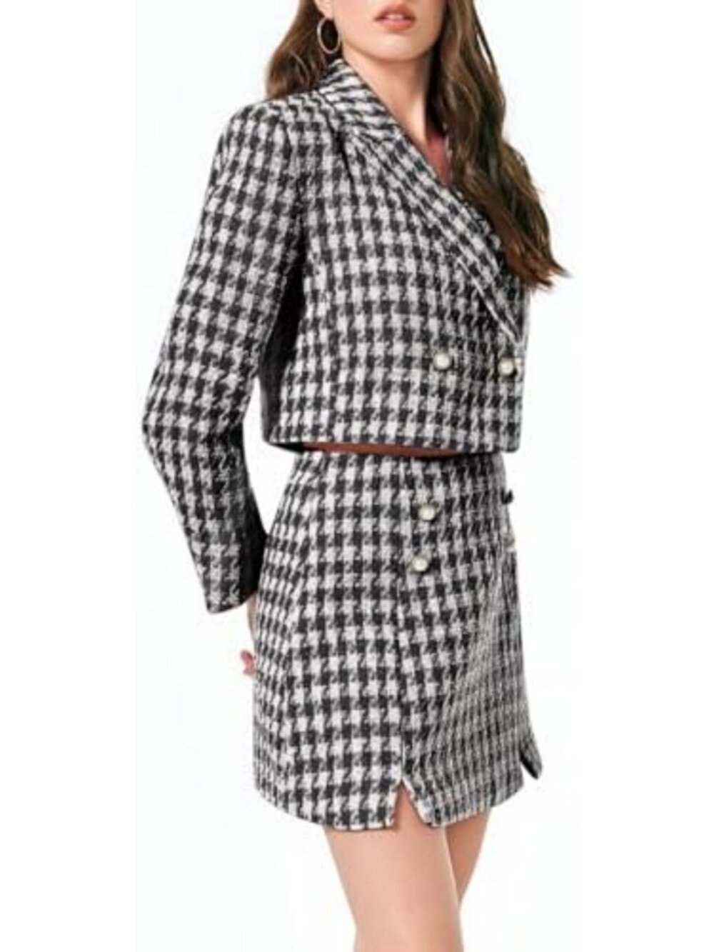 Chic Women's Cropped Tweed Blazer & Mini Skirt Set - Stylish Business Casual - Picture 2 of 6